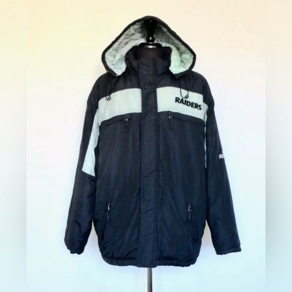Vintage NFL Puma Oakland Raiders Puffer Jacket 90s Embroidered Los Angeles XL - Picture 2 of 7